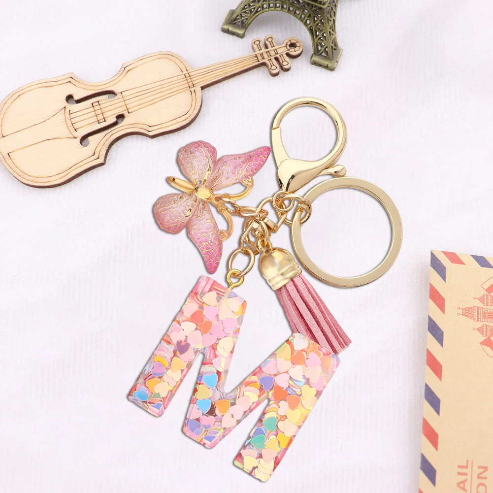 Resin Initial Letter Keychains Alphabet Letter Keychain Pink Tassel Butterfly Key Ring