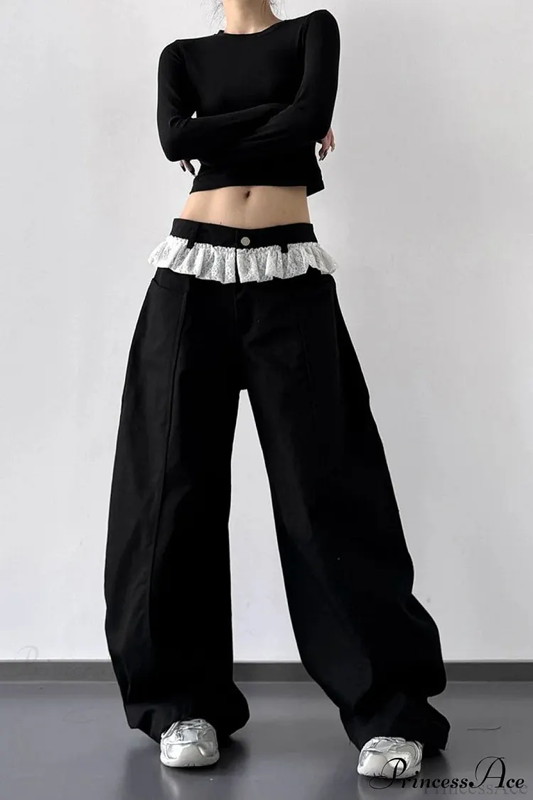 Lace Panel High Waist Wide Leg Jeans