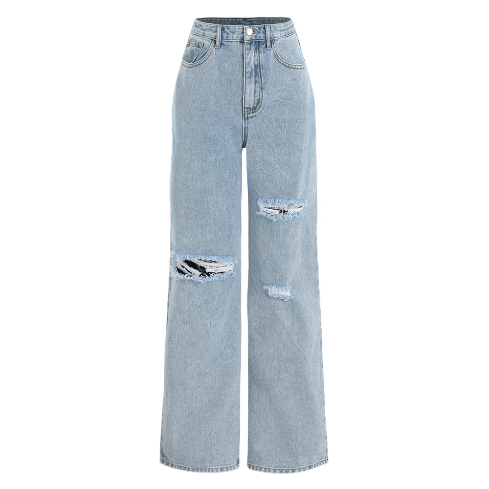 Women's Jeans Ripped Hole Washing Straight Pants