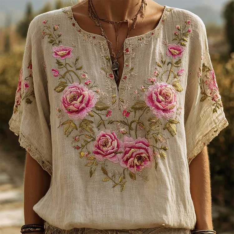 VChics Vintage Pink Roses Embroidered Lace Patchwork Linen T Shirt