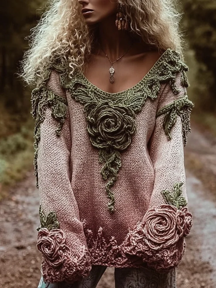 Women's Vintage Rose Embroidery Gradient V-neck Sweater