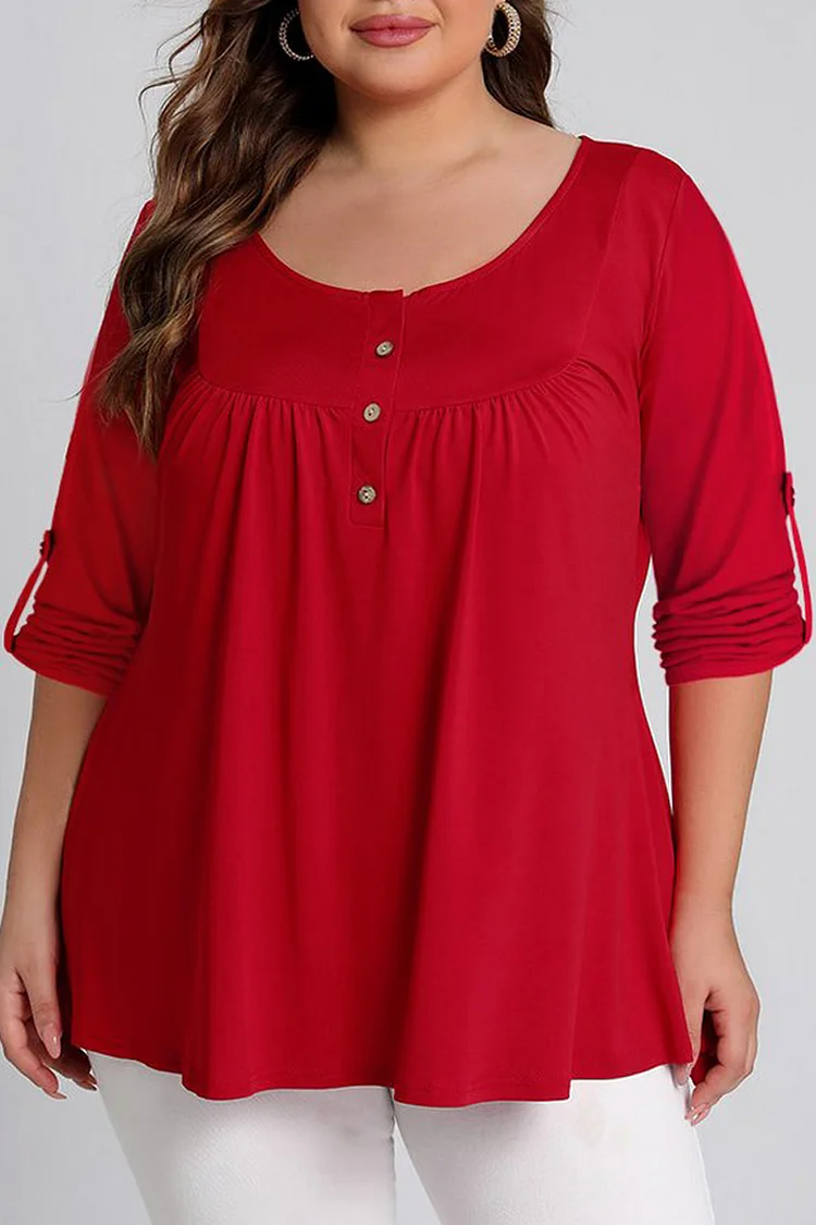 Flycurvy Plus Size Casual Burgundy Pleated Buttons Roll Tab 3/4 Sleeve Blouses  Flycurvy [product_label]