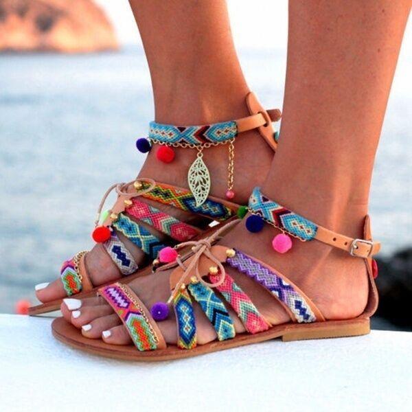 TAAFO Colorful Bohemian Ball Decorate Open Toe Ankle Wrap Flat Sandals
