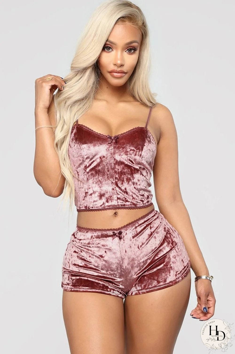 Pink Polyester Sexy Solid Two Piece Suits Straight Sleeveless