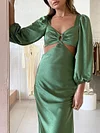 Bandeau Solid Color Hollow V-Neck Flared Sleeves Maxi Dress