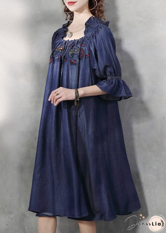 Vintage Blue Square Collar Embroideried Floral Ruffled Patchwork Long Dresses Half Sleeve