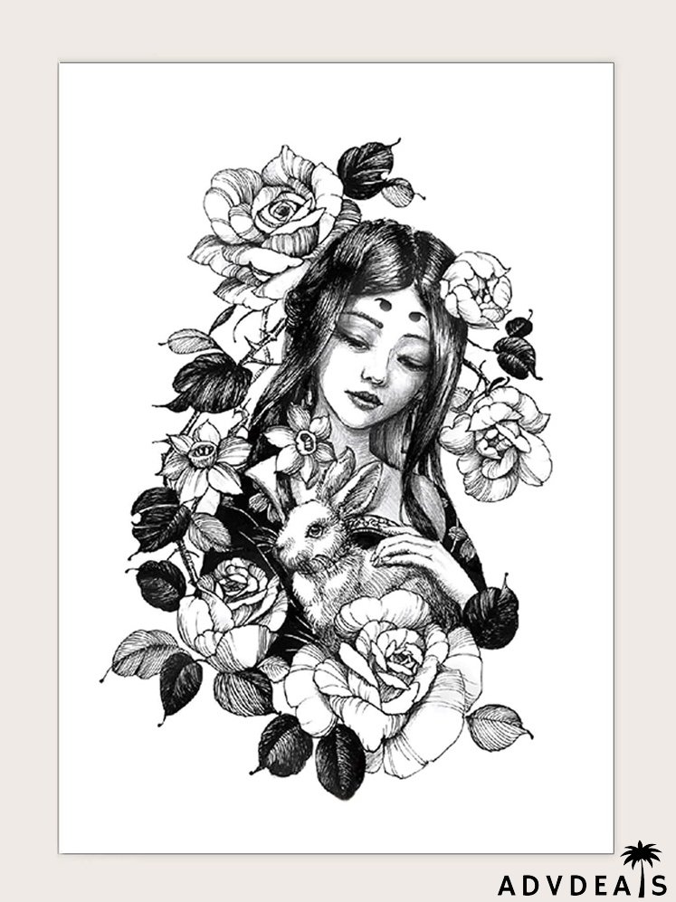 Figure & Flower Pattern Temporary Tattoo