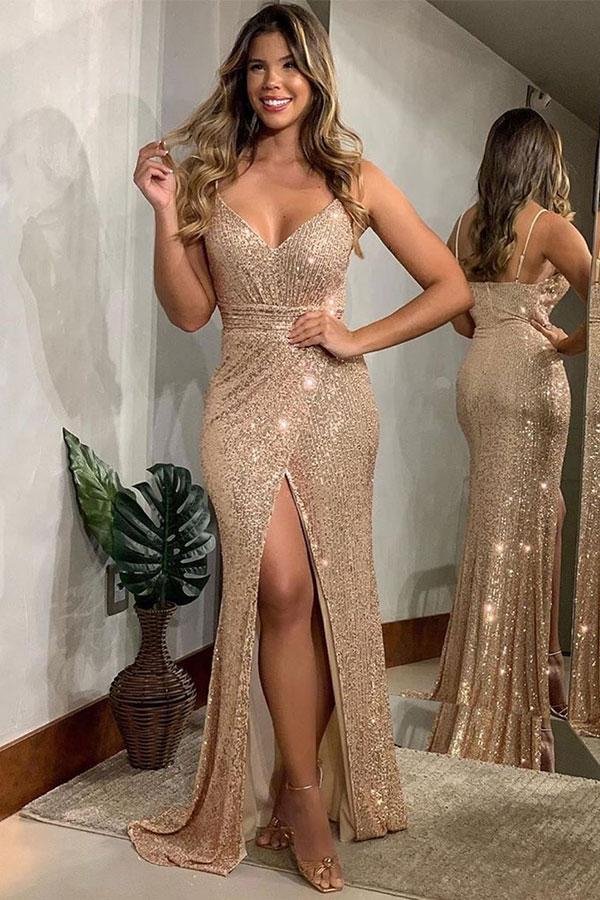 Spaghetti-Straps Sequins Evening Dress With Slit PD0407