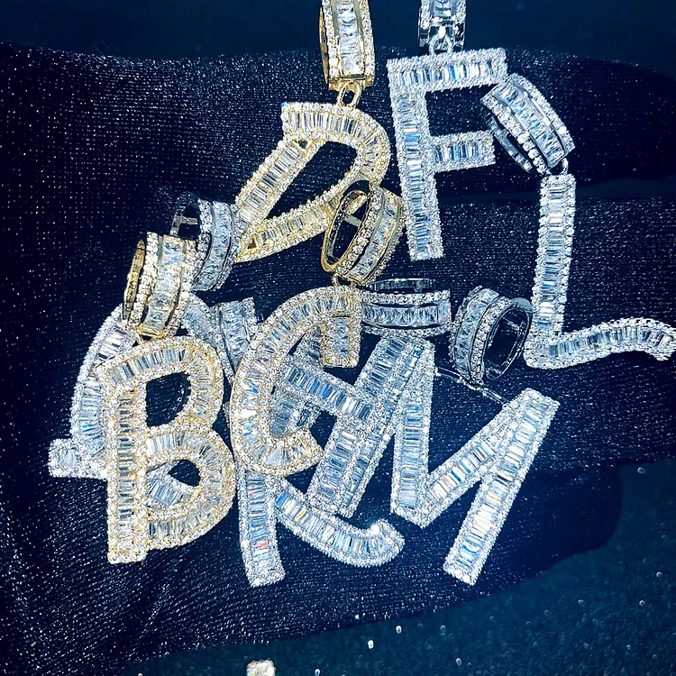 A-Z Baguette Initials Letters Hip Hop Pendant Iced Out Necklace