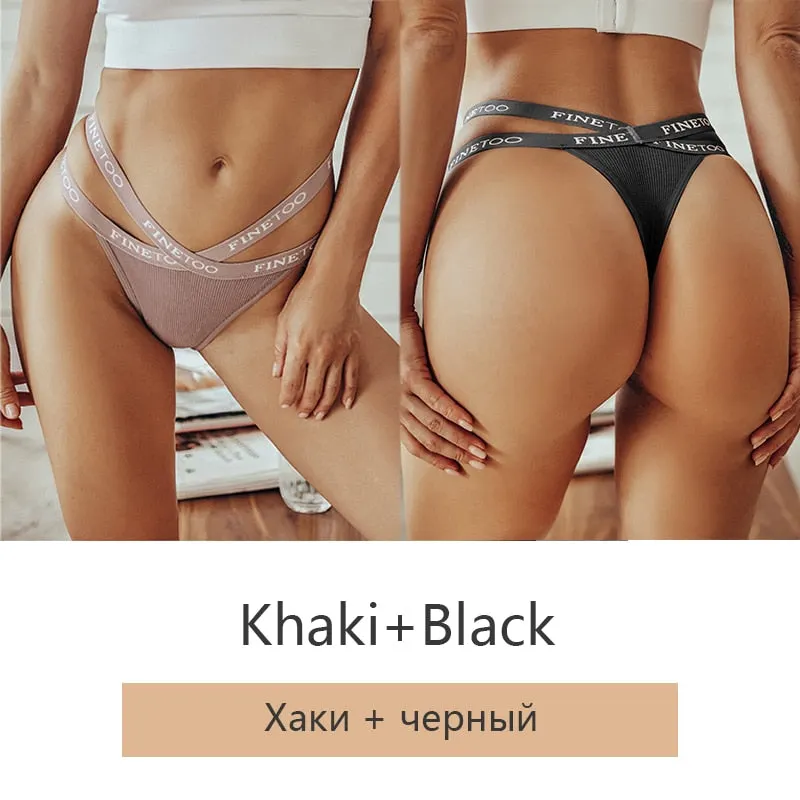 FINETOO 2Pcs/set Sexy Thongs Women Cotton G-string Panties Letter Bikini Underwear Girls Cross Belt Low-rise Underpants Lingerie