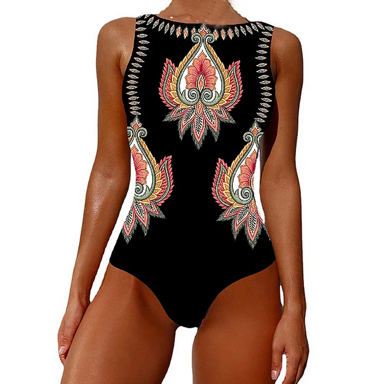 Sleeveless Printed One Piece Swimsuit Flaxmaker