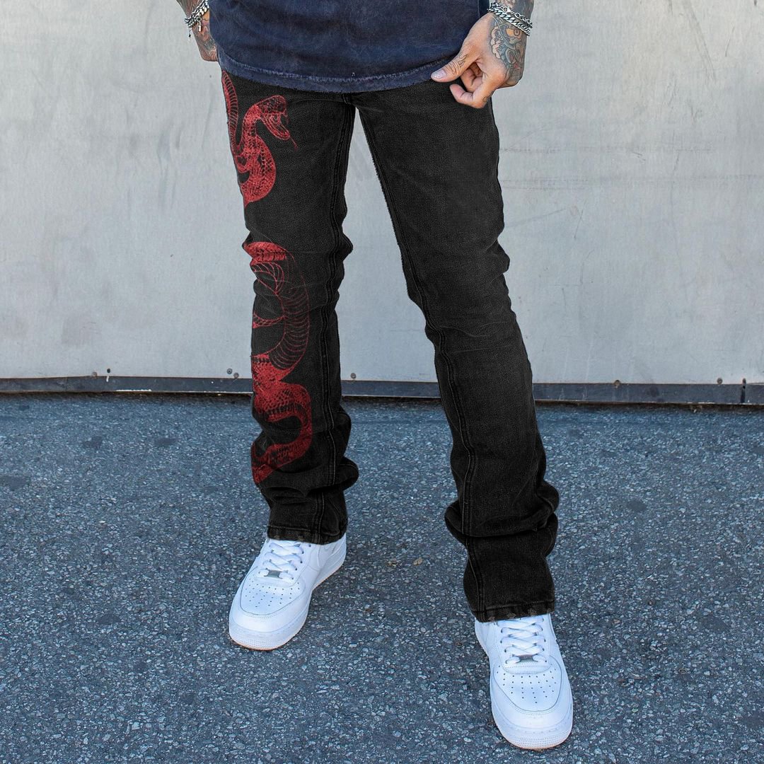 Dark Snake Print Jeans Loose Straight Leg Pants