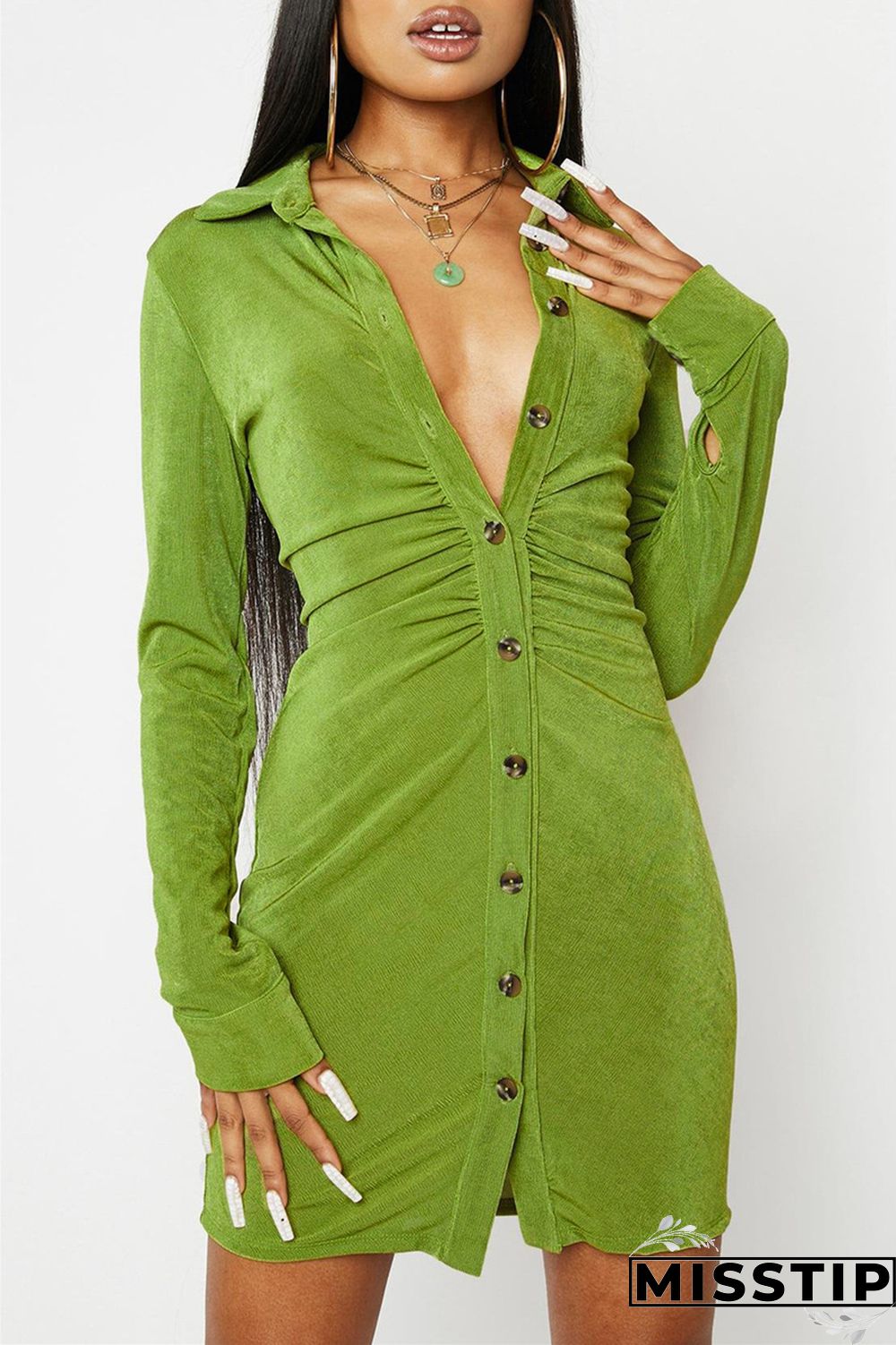 Green Fashion Casual Solid Buckle V Neck Long Sleeve Dresses