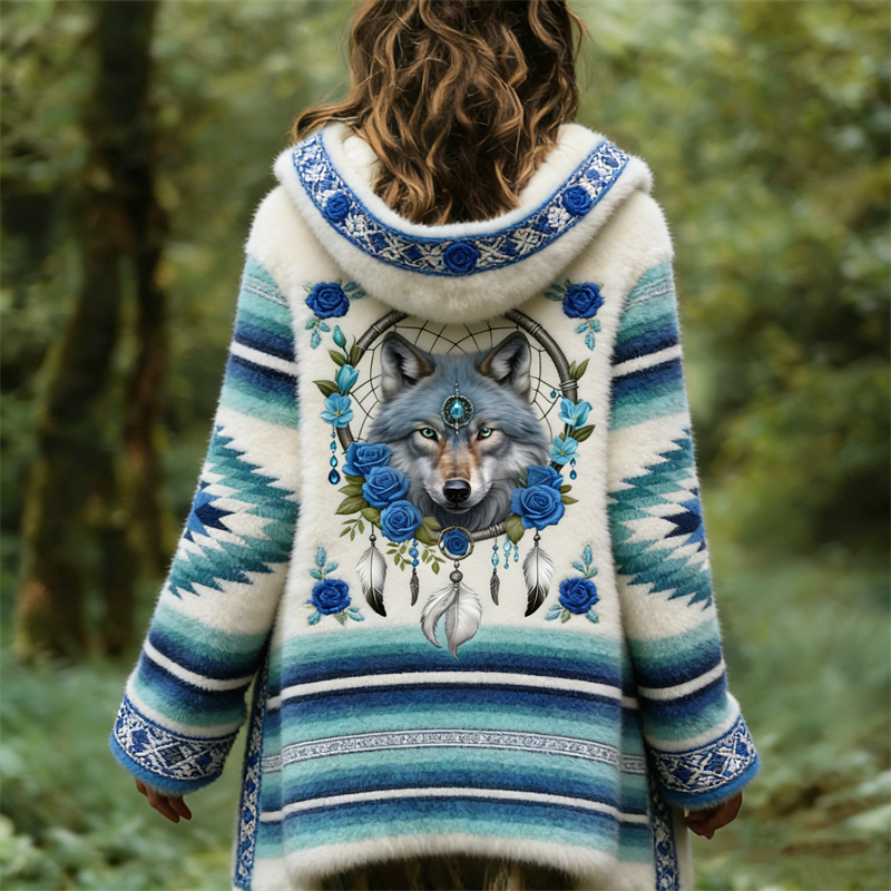 Wolf & Roses Dream Catcher Aztec Cozy Plush Midi Cardigan wearshes