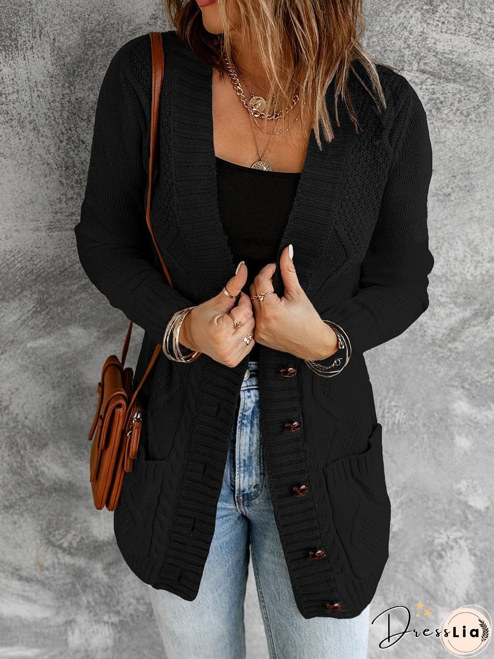 Cozy Black Knit Cardigan with Button-Up Front and Pockets