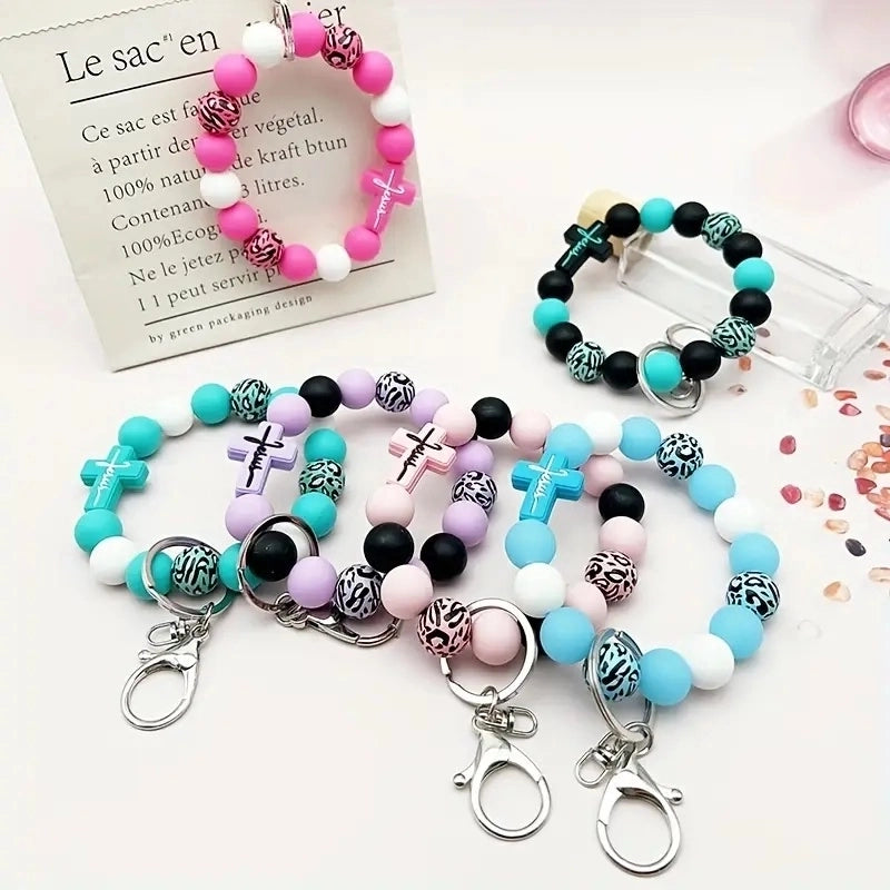 Casual Classic Style Sports Cross Leopard Alloy Wooden Beads Silica Gel Beaded Keychain