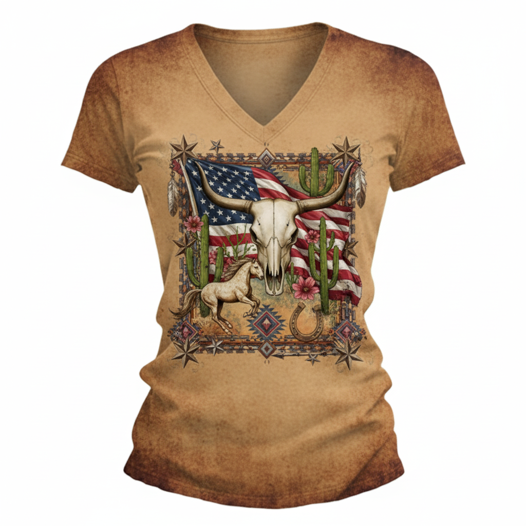 Women's Vintage American Flag 250th Anniversary Western Style Cowboy Bull Head Skull Short-Sleeve V-neck T-Shirt - Helixace