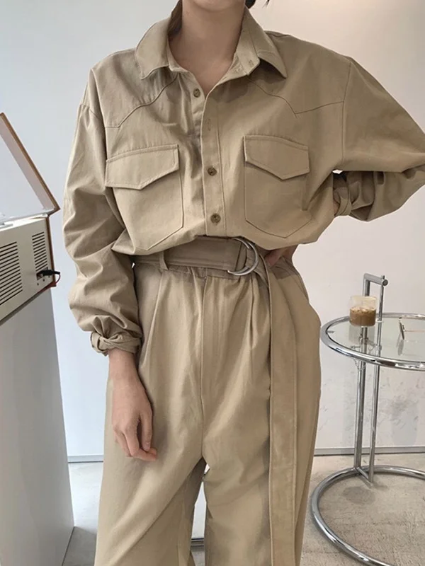 Original Pure Color Belted Buttoned Lapel Collar Long Sleeves Jumpsuits