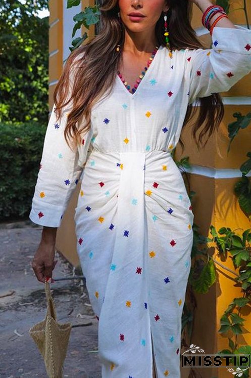 V Neck Waisted Slit Embroidery Midi Dress