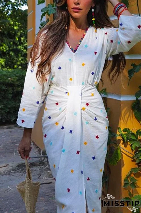 V Neck Waisted Slit Embroidery Midi Dress