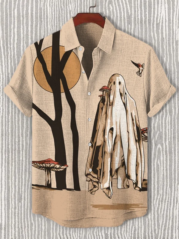 Men's Psychedelic Mushroom Forest Ghost Halloween Print Casual Shirt