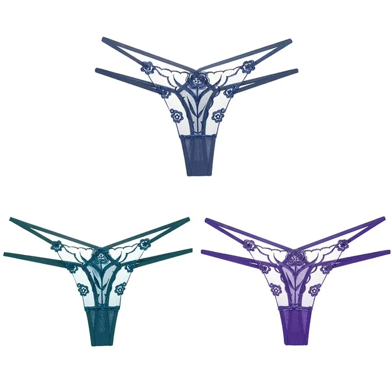 Sexy Lace Floral Thong Ladies Panties Embroidered Hollow Out Lingerie Female Temptation Mesh Perspective G-String 3pcs Underwear