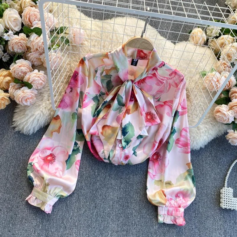 Spring Autumn New Flower Printing Loose Blouse Women Ruffled Bow Tie Stand Collar Puff Sleeve All-match Shirt Female Tops UK985