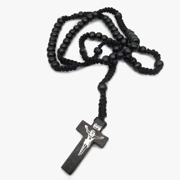 Cross Wooden Mala Bead Rosary Necklace