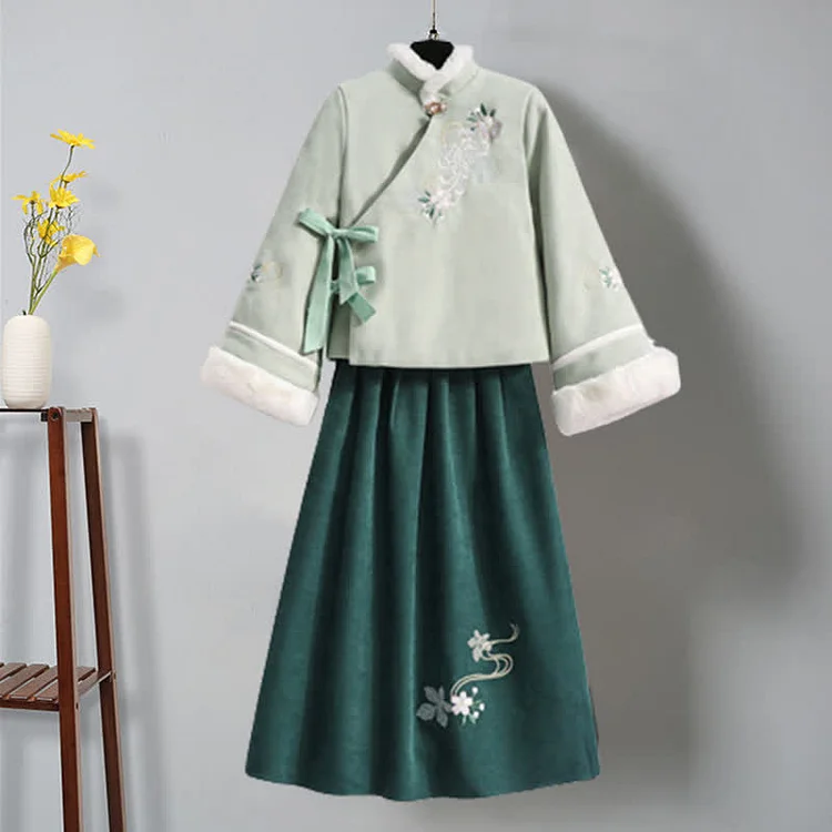 Floral Embroidery Bow Knot Coat Pleated Skirt Vintage Two Piece Set - Modakawa Modakawa