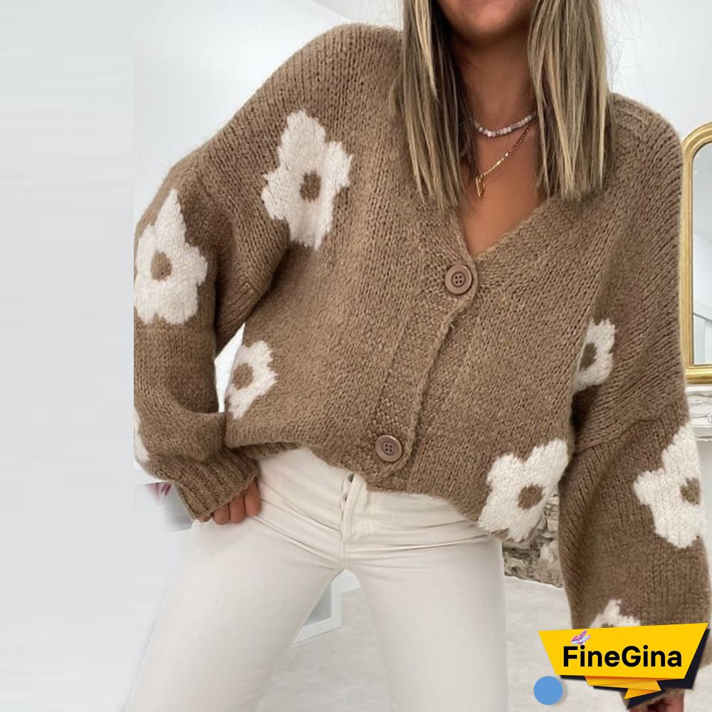 Brown Print V-Neck Sweater