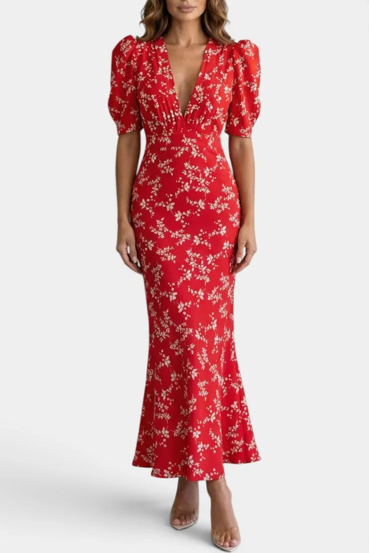 V-Neck Floral Dress with Puffed Sleeves & Mermaid Skirt