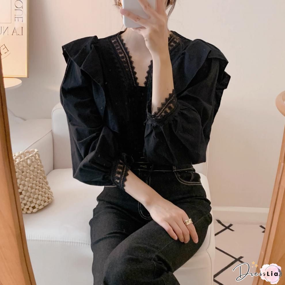 Womens Long sleeve shirt chiffon blouse ruffle neck irregular streetwear casual loose
