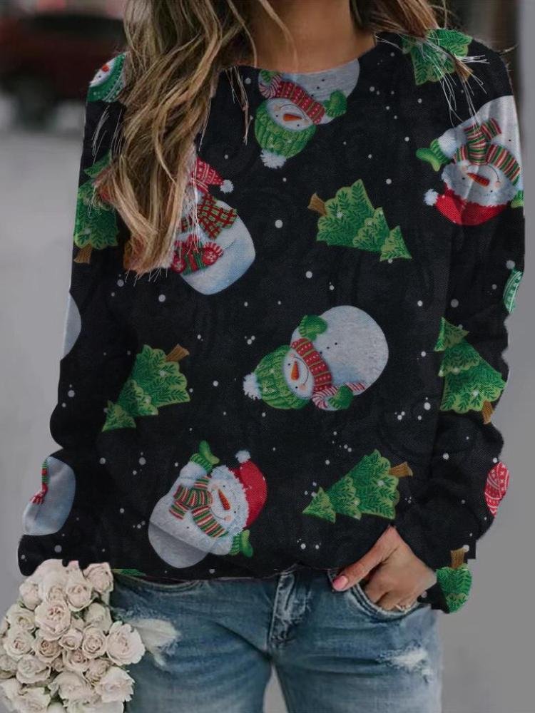 Women's Snowman Printed Long Sleeved Round Neck Sweatshirt