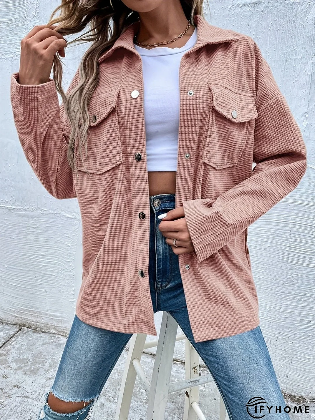 Jacket with pockets, collar and snap fasteners and dropped shoulders | IFYHOME