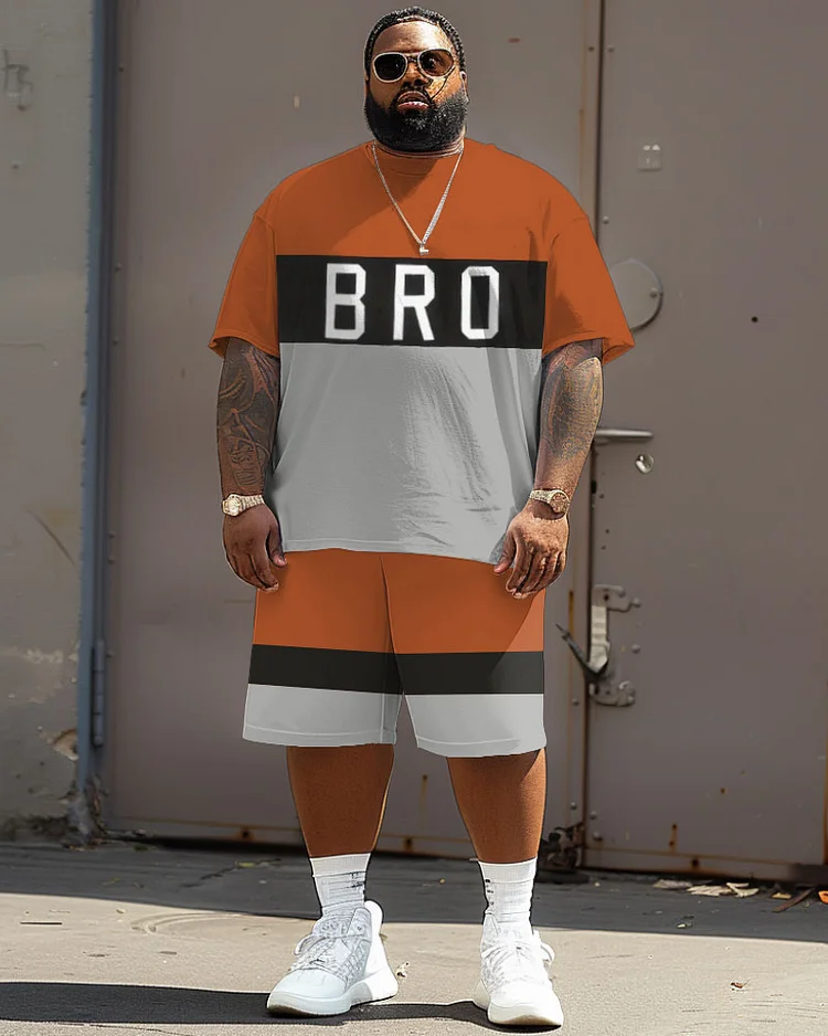 Men's Plus Size Street Casual Colorblock Bro Alphabet Print T-Shirt Shorts Suit