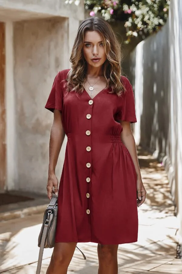 Temperament Solid Color Button Dress