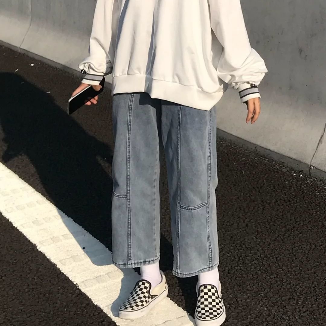 Jeans Women Wide Leg High Waist Students Blue Vintage Trendy Do Old Harajuku Spring Autumn Ankle Length Bright Line Decoration
