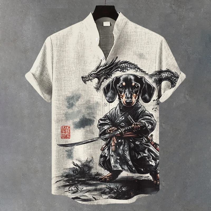 Men's Dachshund Samurai And Dragon Traditional Ink Art Print Short Sleeve Shirt