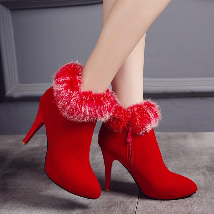 Fuzzy cuff stiletto high heels booties pointed toe winter ankle boots