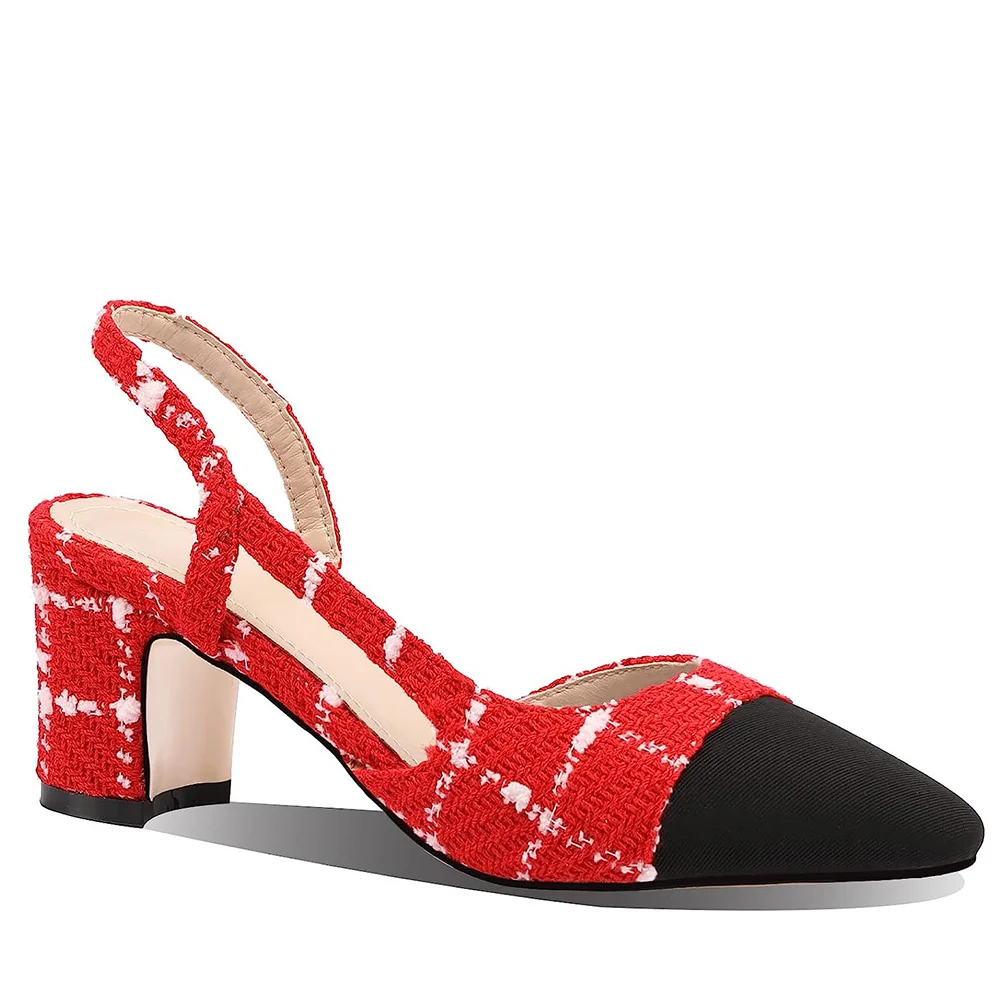 65mm Chunky Heels for Women Slingback Pumps Sandals Splicing Round Toe Casual Wedding Pumps-MERUMOTE