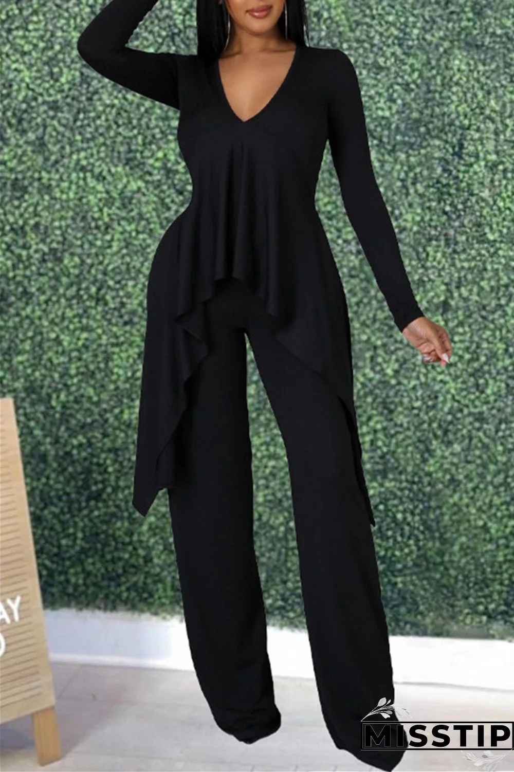 Black Fashion Casual Patchwork Solid Asymmetrical V Neck Long Sleeve Two Pieces