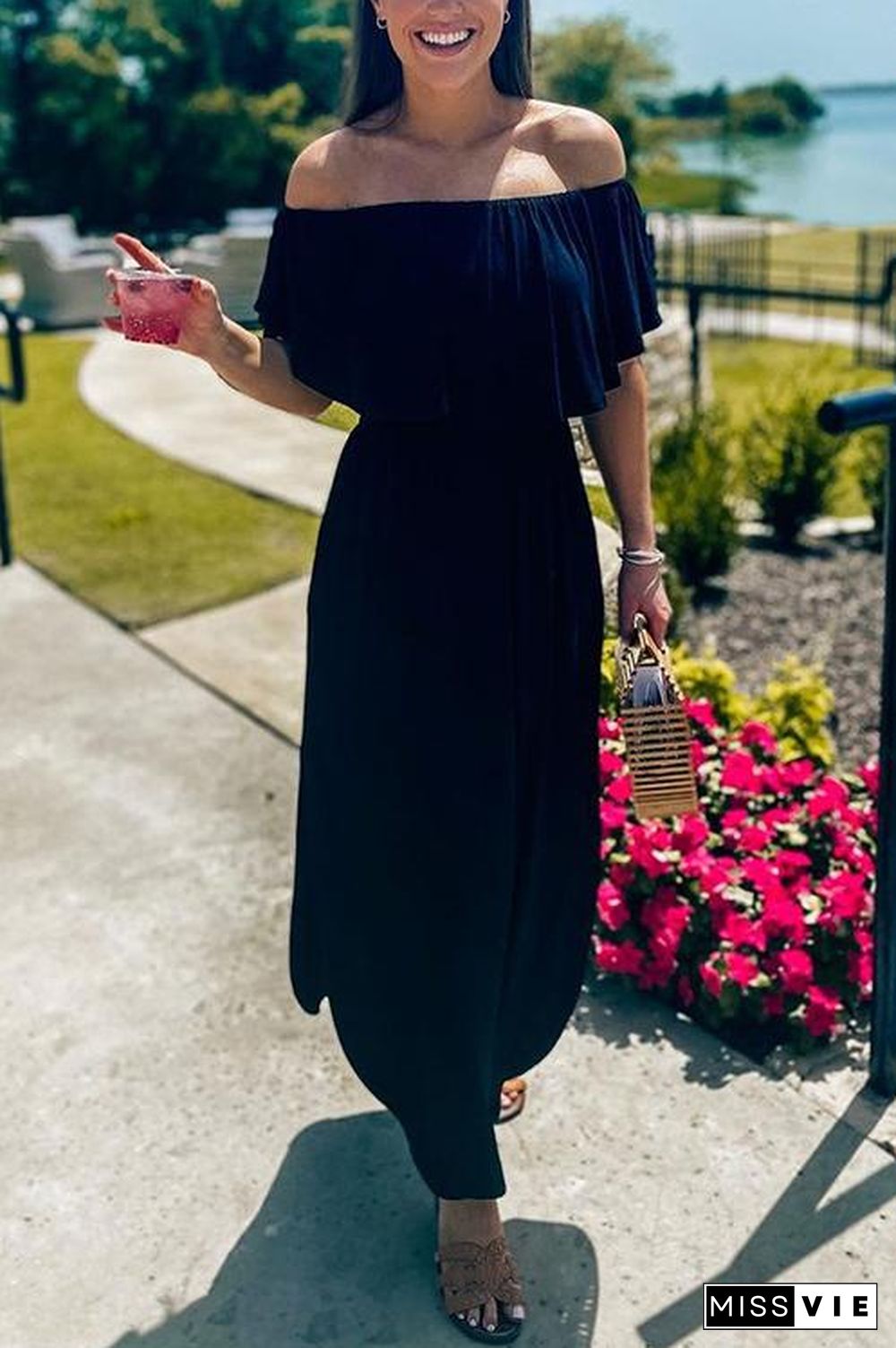 Off Shoulder Side Slit Maxi Dress