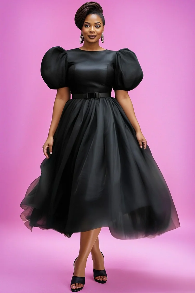 Xpluswear Design Plus Size Prom Black Round Neck Puff Sleeve Short Sleeve See Through Elegant Wrap Tulle Midi Dresses [Pre-Order] 2024 - Xpluswear