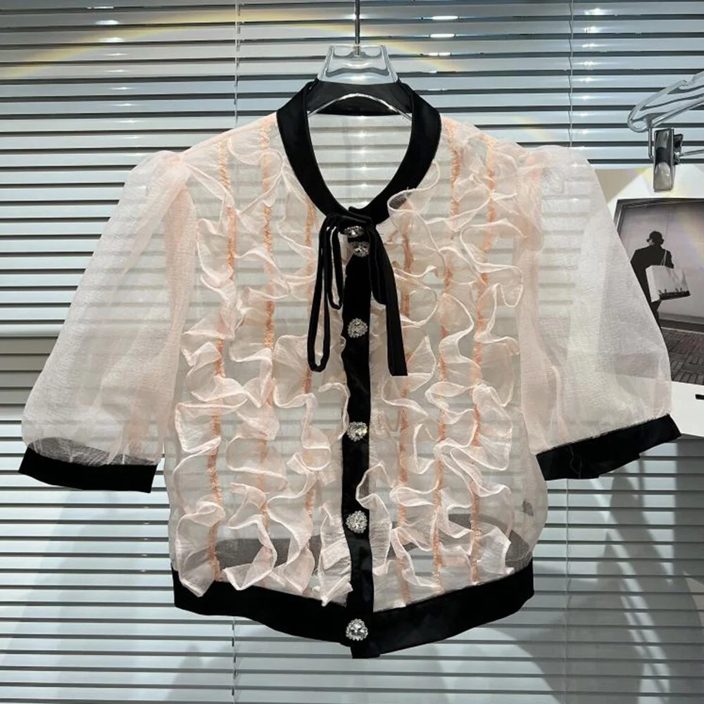 Ueong Patchwork Bowknot Ruched Shirt For Women Stand Collar Puff Sleeve Summer Blouses Female Fashion Clothing Style New