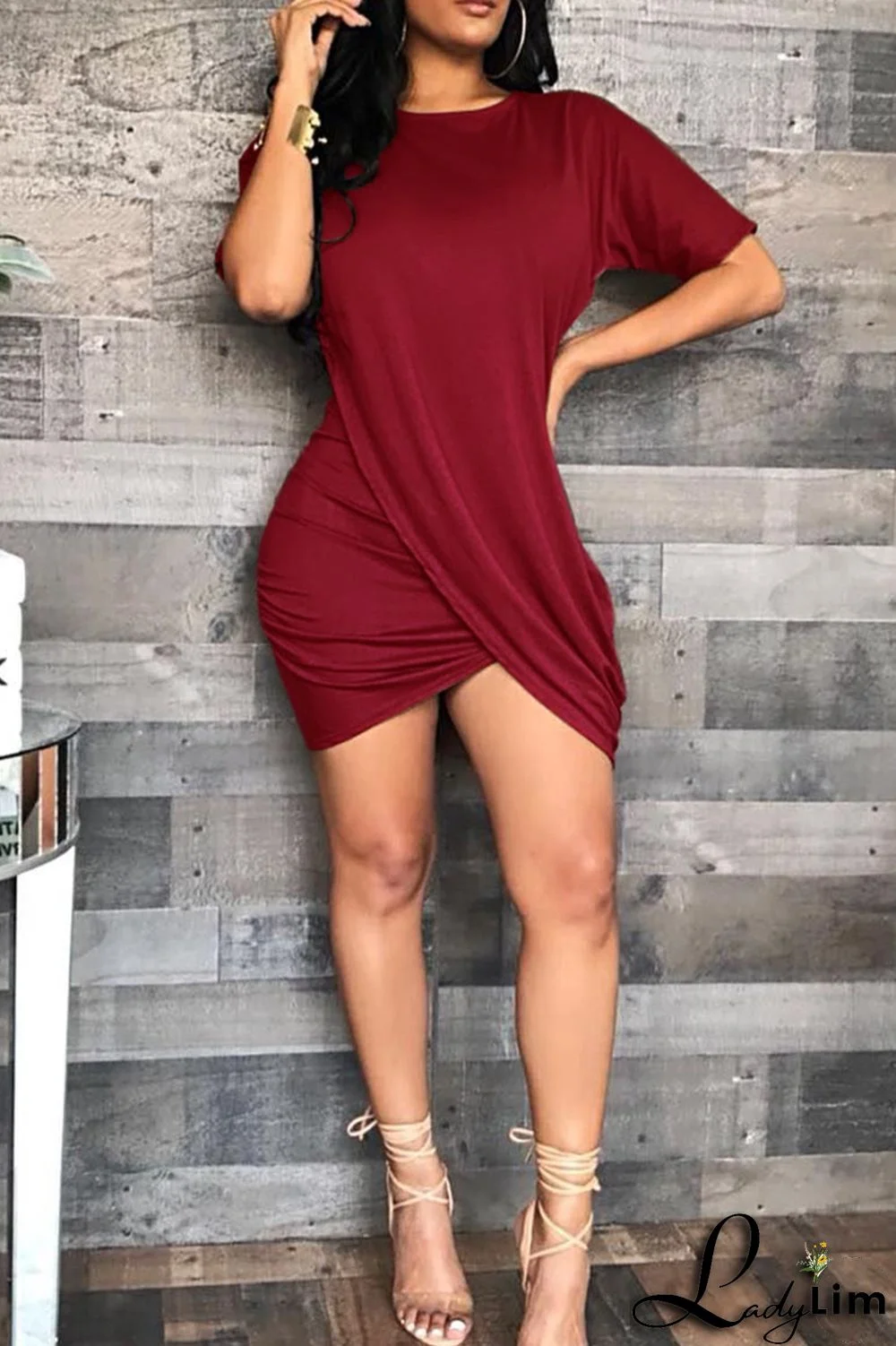 Grey Fashion Casual Solid Split Joint O Neck Short Sleeve Dress