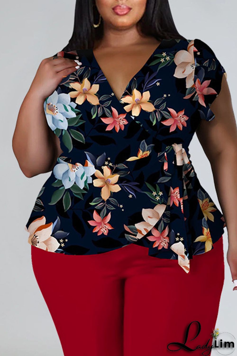 Red Casual Print Bandage Patchwork V Neck Plus Size Two Pieces