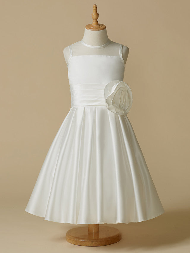 Oknass Sleeveless Jewel Neck A-Line Flower Girl Dress Tea Length Taffeta With Handmade Flower