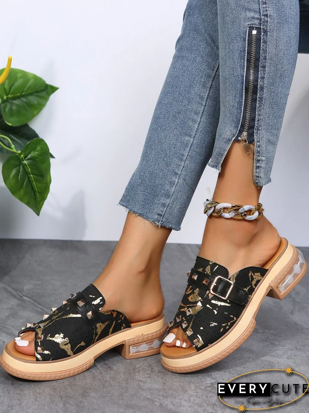 Urban Studded Snake Print Chunky Heel Slippers