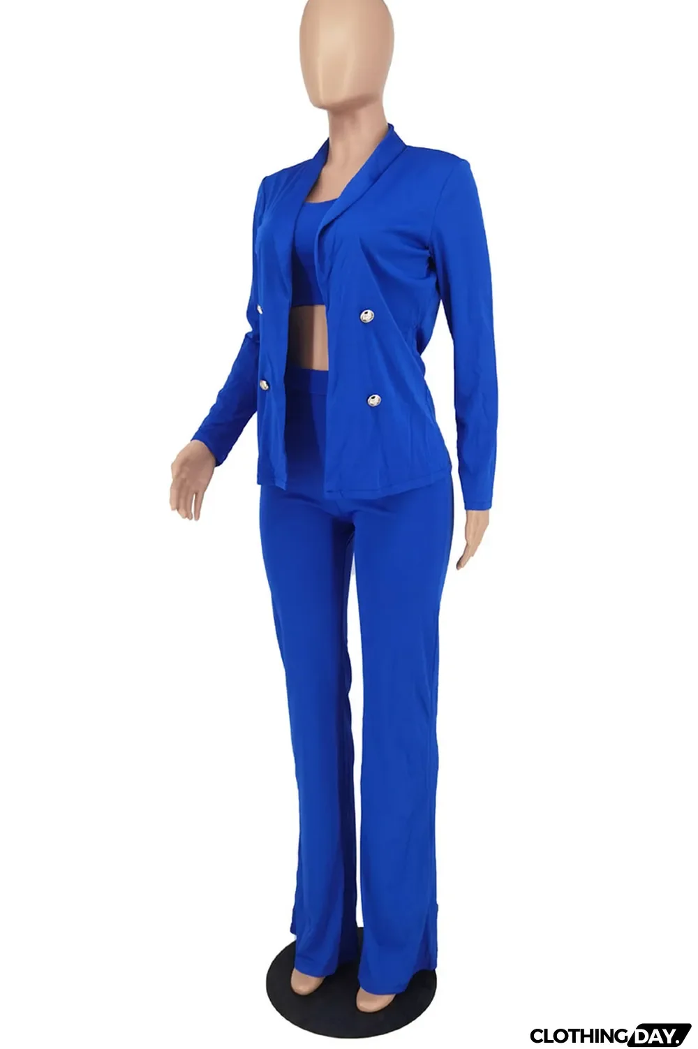 Blue Casual Solid Patchwork Turn-back Collar Long Sleeve Two Pieces