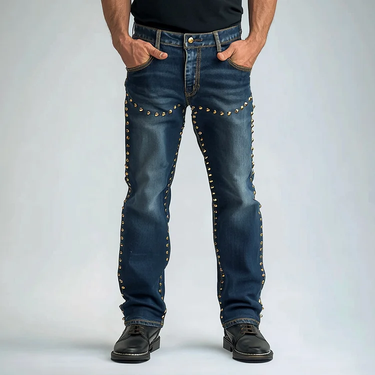 Okaywear Rivet Decor Pocket Straight Leg Denim Jeans 